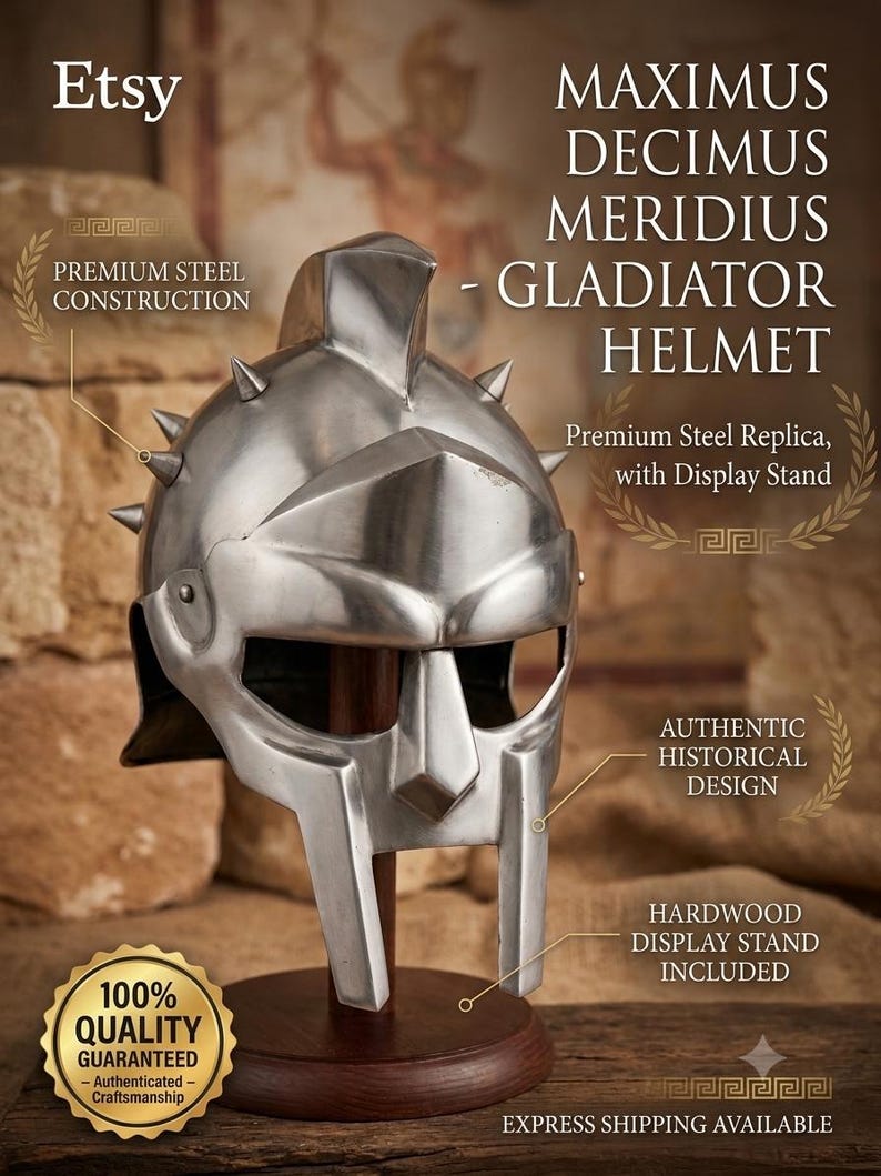Elmo del Gladiatore Massimo — Replica in Acciaio con Supporto
