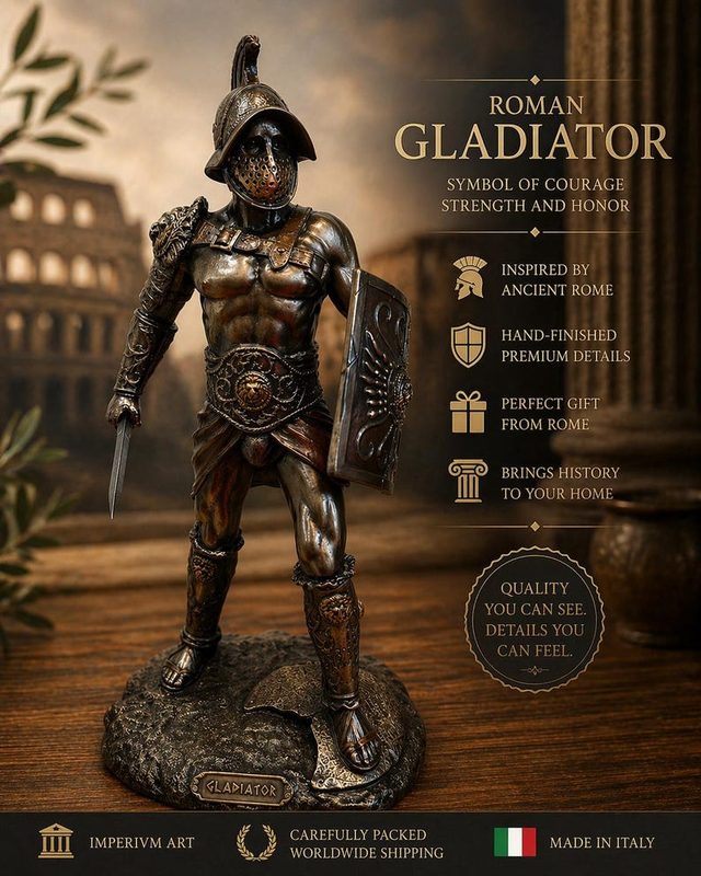 Gladiatore Romano con Scudo e Spada — Resina Effetto Bronzo
