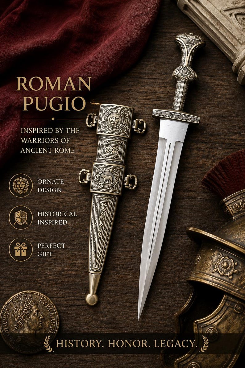 Pugio Romano — Pugnale Decorativo, Fodero con Leone e Lupa