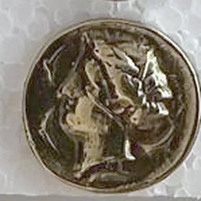 Modern replica of a Greek decadrachm of Syracuse (not a sestertius), arethusa: Head of Arethusa facing left, with a wreath of leaves; no legible letters. Indicative photo of the replica on sale in the shop, gold-coloured.