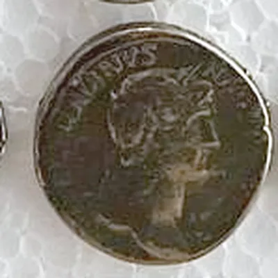 Modern replica of a Roman bronze coin, not identified, the portrait: Male head facing right, perhaps laureate; of the legend only …ANVS remains. Indicative photo of the replica on sale in the shop, gold-coloured.