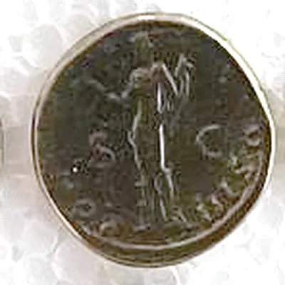 Modern replica of a Roman bronze coin, not identified, the figure: A standing female figure with a long sceptre, S and C either side. Indicative photo of the replica on sale in the shop, gold-coloured.
