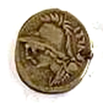 Modern replica of a denarius of the Roman Republic, minerva: Bust of Minerva in a crested Corinthian helmet, facing left; the legend cannot be read. Indicative photo of the replica on sale in the shop, gold-coloured.