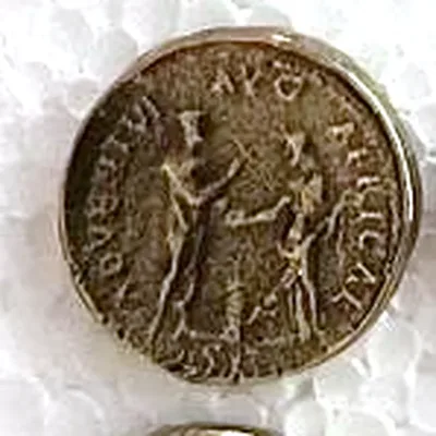 Modern replica of a sestertius of Hadrian, the scene: Hadrian and Africa either side of an altar; AVG and AFRICAE can be read around them, ADVENT… only in traces. Indicative photo of the replica on sale in the shop, gold-coloured.