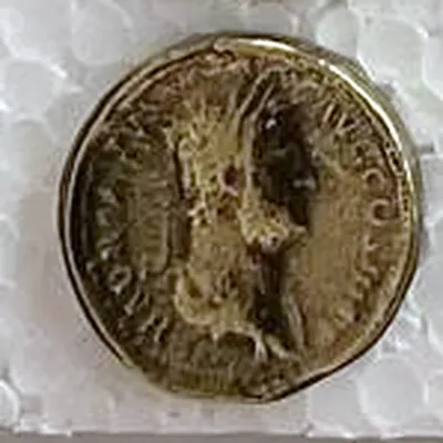 Modern replica of a sestertius of Hadrian, the portrait: Head of Hadrian facing right, probably laureate; …AVG CO… can be read on the right. Indicative photo of the replica on sale in the shop, gold-coloured.