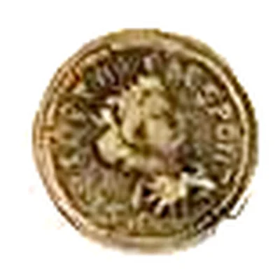 Modern replica of a small Roman coin, not identified, the head: A head facing right, perhaps wreathed; no letters can be read. Indicative photo of the replica on sale in the shop, gold-coloured.
