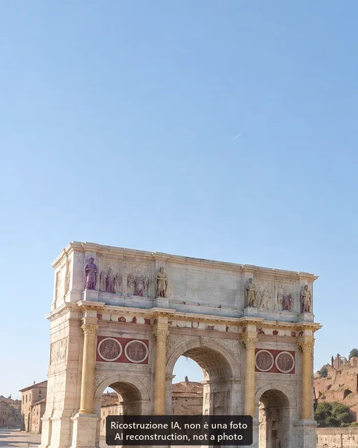 AI reconstruction, not a photo: the Arch of Constantine around AD 320, white marble with yellow columns and statues on the attic.