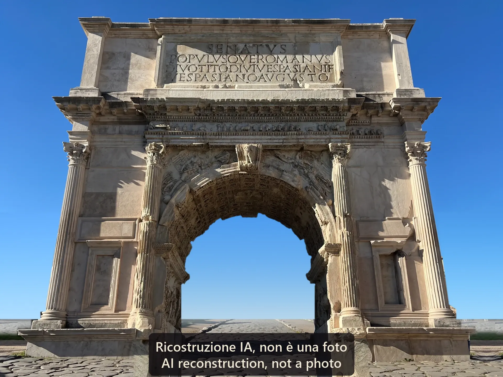 AI reconstruction, not a photo: the Arch of Titus around AD 320, from the same spot: the ancient centre is the one in the photograph; the sides and the attic are marble, around it there is sky and inside the archway the basalt road.