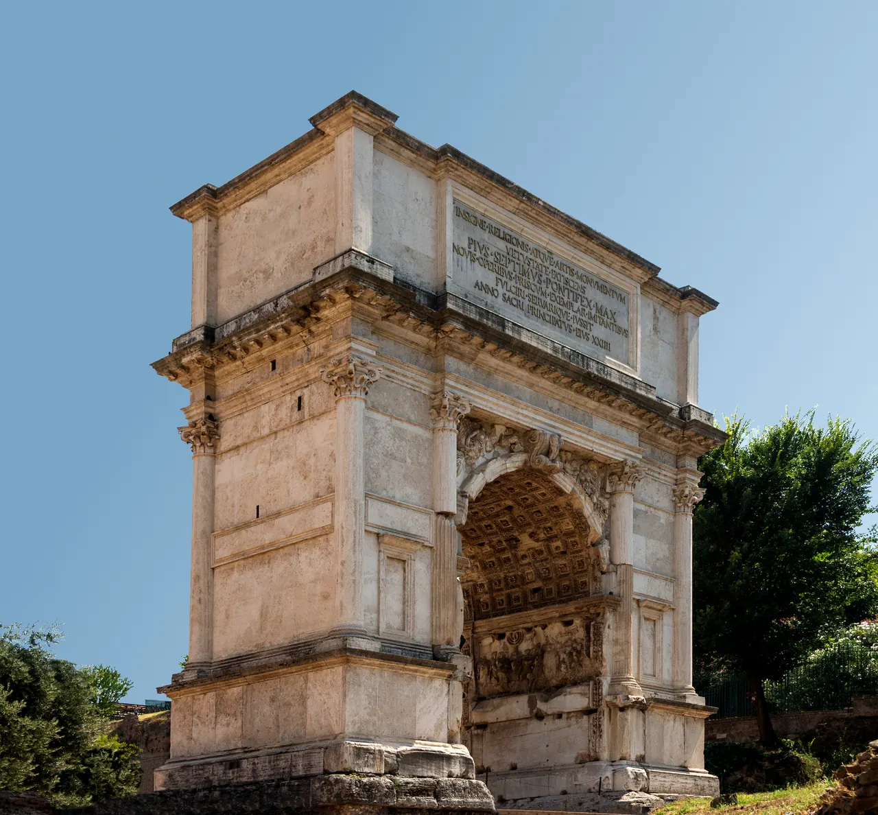 The Arch of Titus from the Forum side, with Pope Pius VII's inscription on the attic.