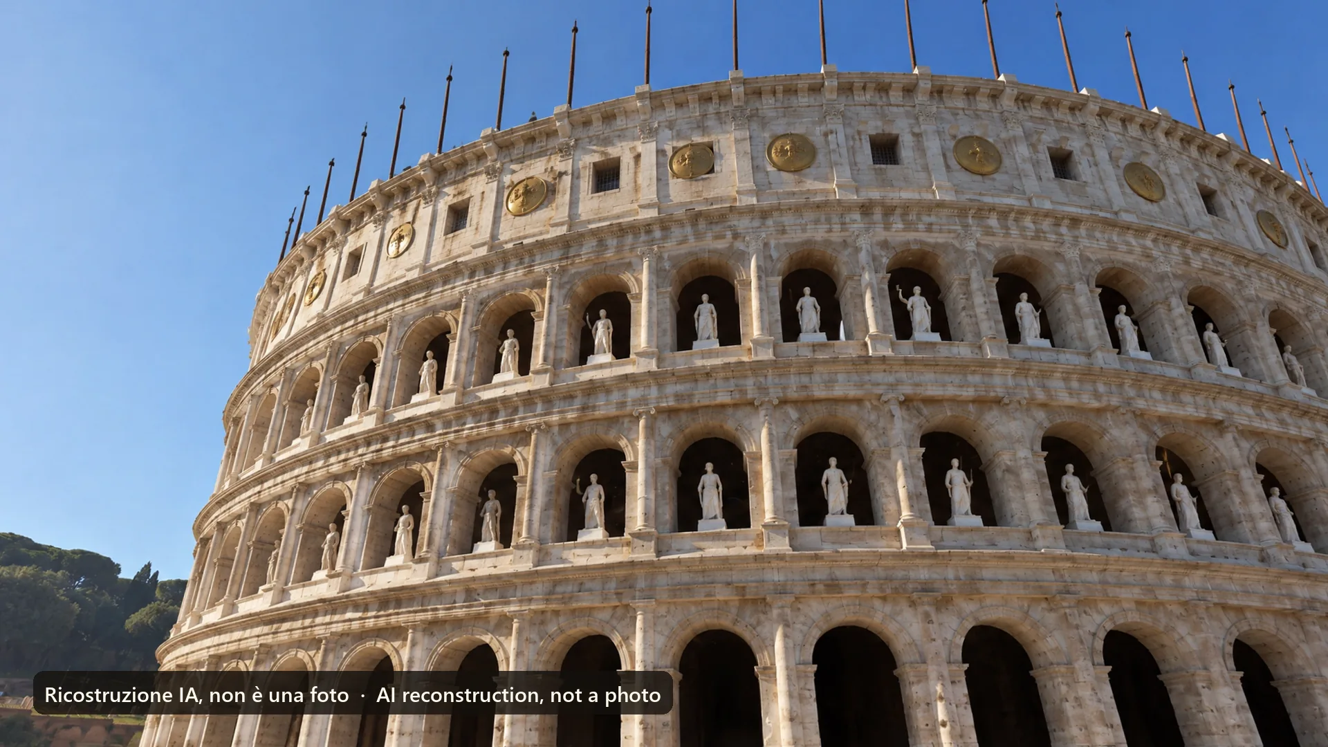 AI reconstruction, not a photo: the east side of the Colosseum around AD 320, with the outer ring complete, statues in the arches, shields and awning masts, from the same spot as today's photo.