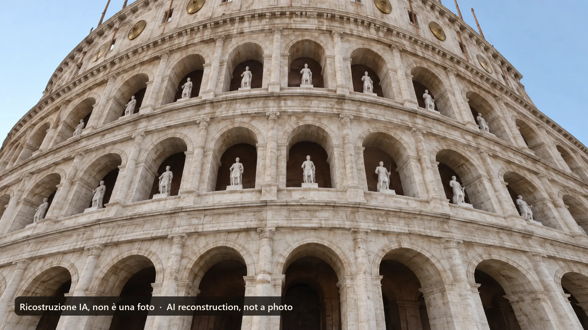 AI reconstruction, not a photo: the north front of the Colosseum around AD 320, with statues in the upper arches, from the same spot as today's photo.