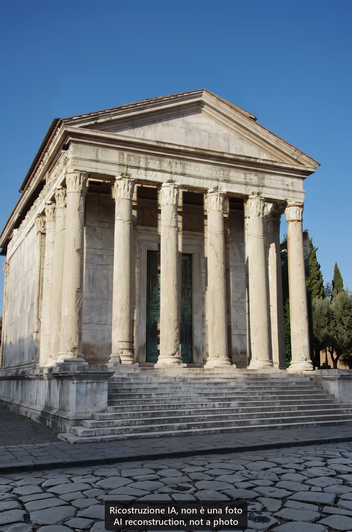 AI reconstruction, not a photo: the Temple of Antoninus and Faustina around AD 320, from the same spot: the same columns and the same two lines of the inscription, the pediment, the marble-faced cella and the staircase down to the street.